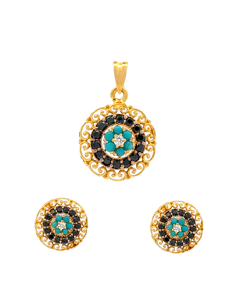 Turquoise Noir Halo Gold Pendant Set - 22 karat