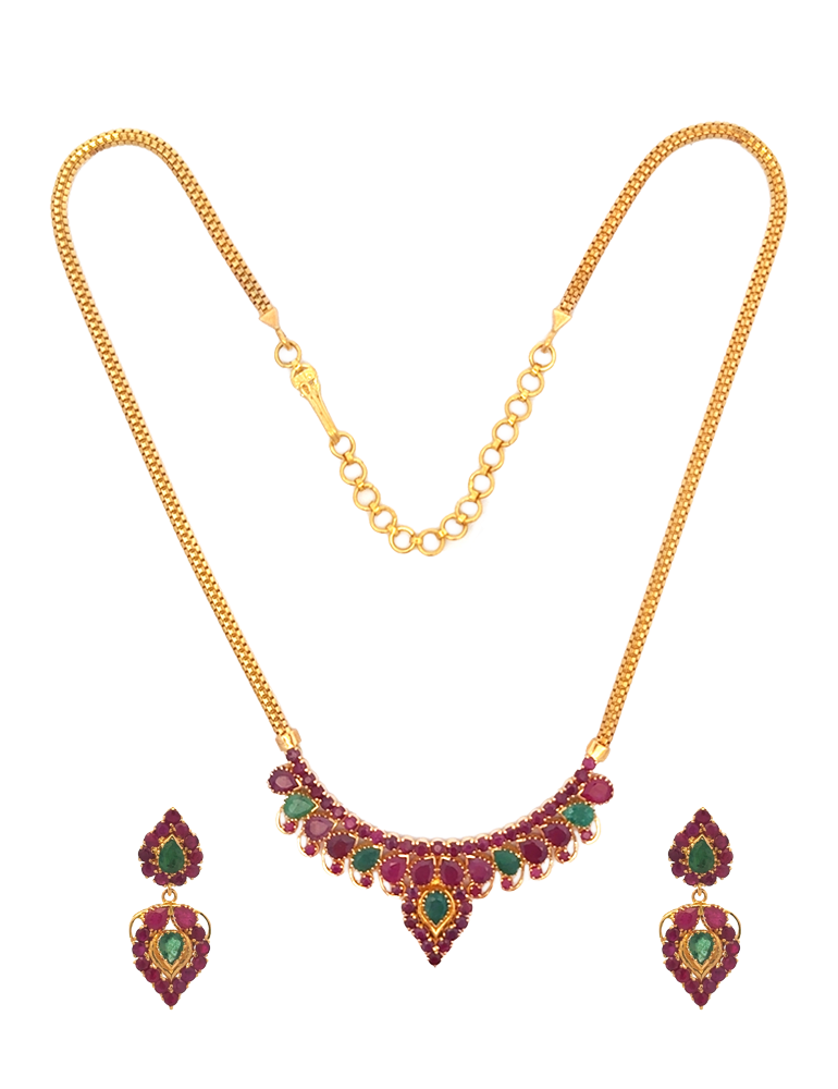 Ruby and Emerald Gold Neckalce Set - 22 Karat