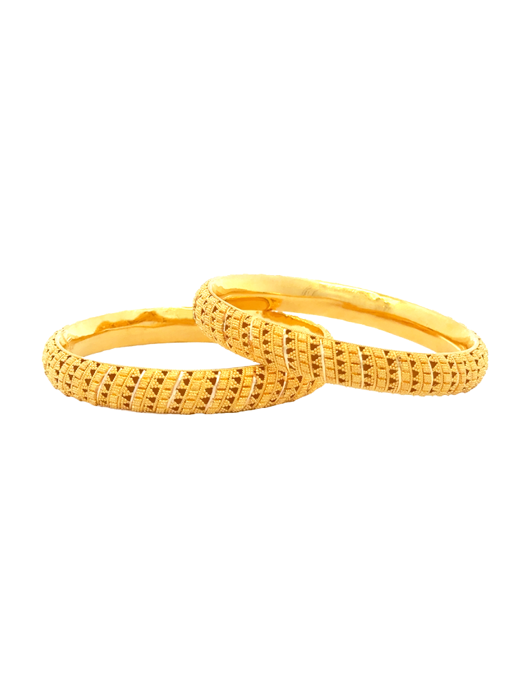 22K Refined Grid Pattern Gold Bangles - Set of 2