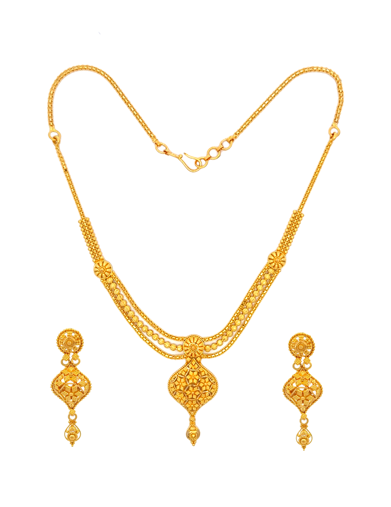 Triveni Layered Pendant Necklace with Earrings 22 Karat