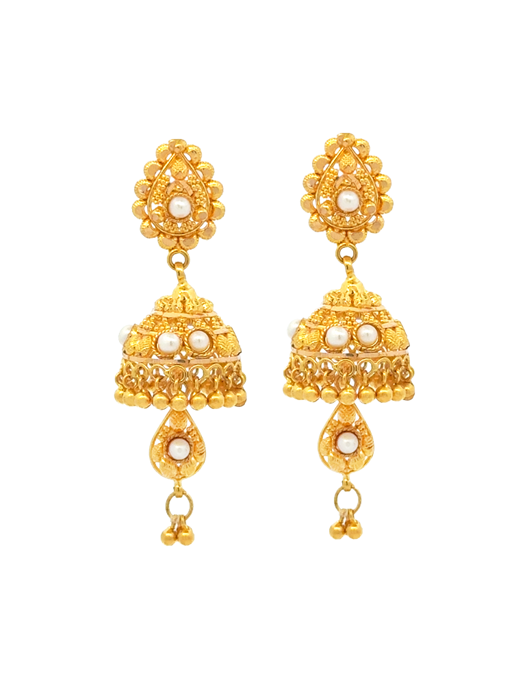 Mridu Pearl Crest Jhumka Gold Earrings 22 Karat
