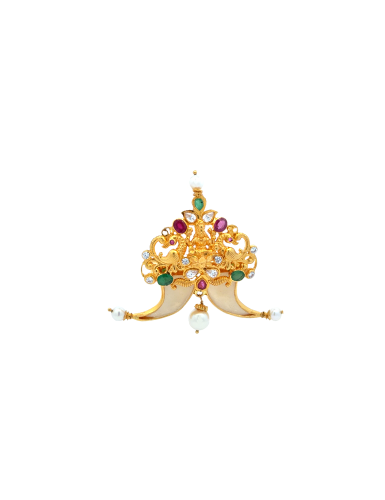 Gold lakshmi Nail Pendant with pearl,Ruby, Emerald and CZ 22 Karat