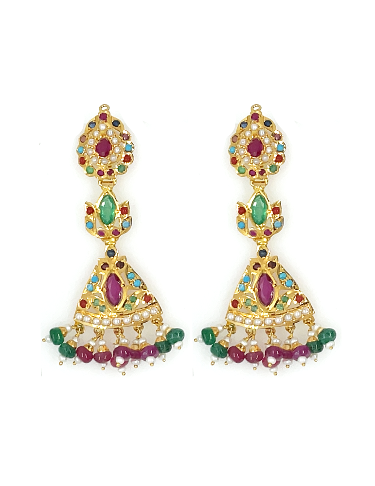 Navratna Gemstones Gold Necklace Set With Earrings (22 Karat)
