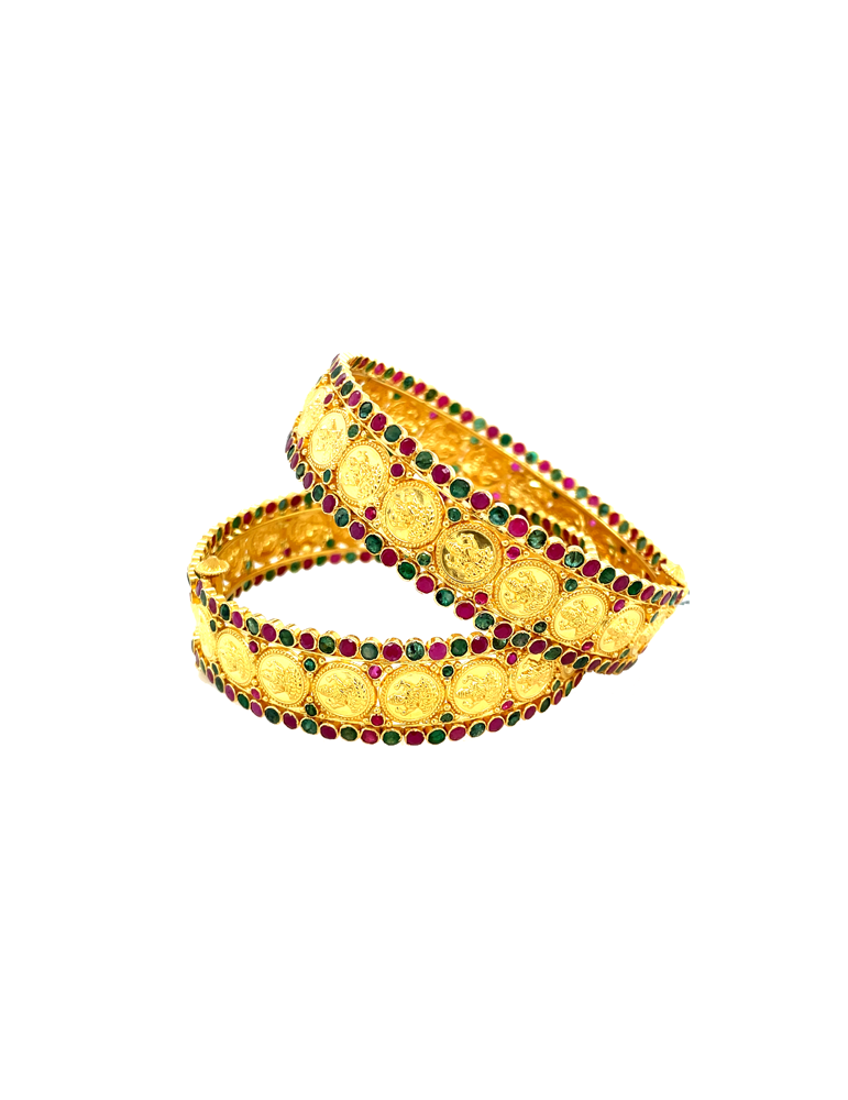 Emerald & Ruby studded Kasu Gold Bangle 22 Karat