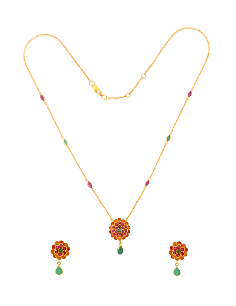 Crimson Blossom Gold Necklace Set with Earrings - 22 Karat