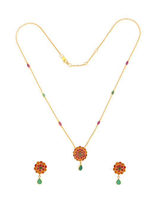 Crimson Blossom Gold Necklace Set with Earrings - 22 Karat
