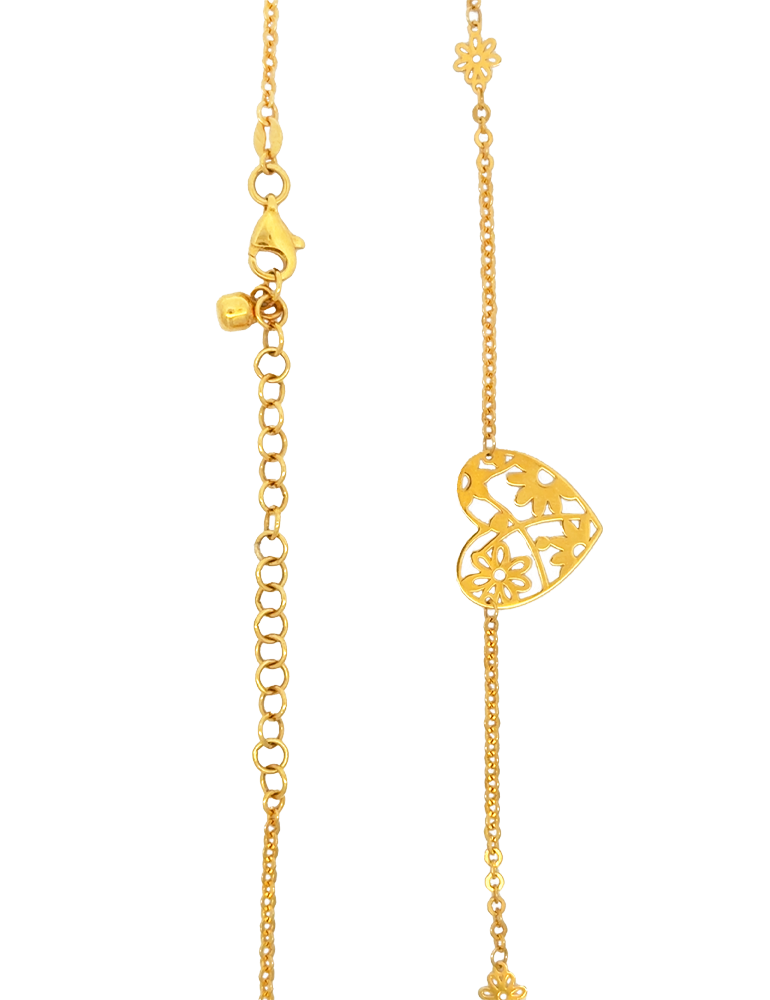 Delicate Floral Heart Accent Gold Chain - 22 Karat