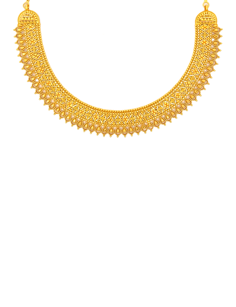 Gold Geometric Pattern Choker Necklace with Earrings - 22 Karat