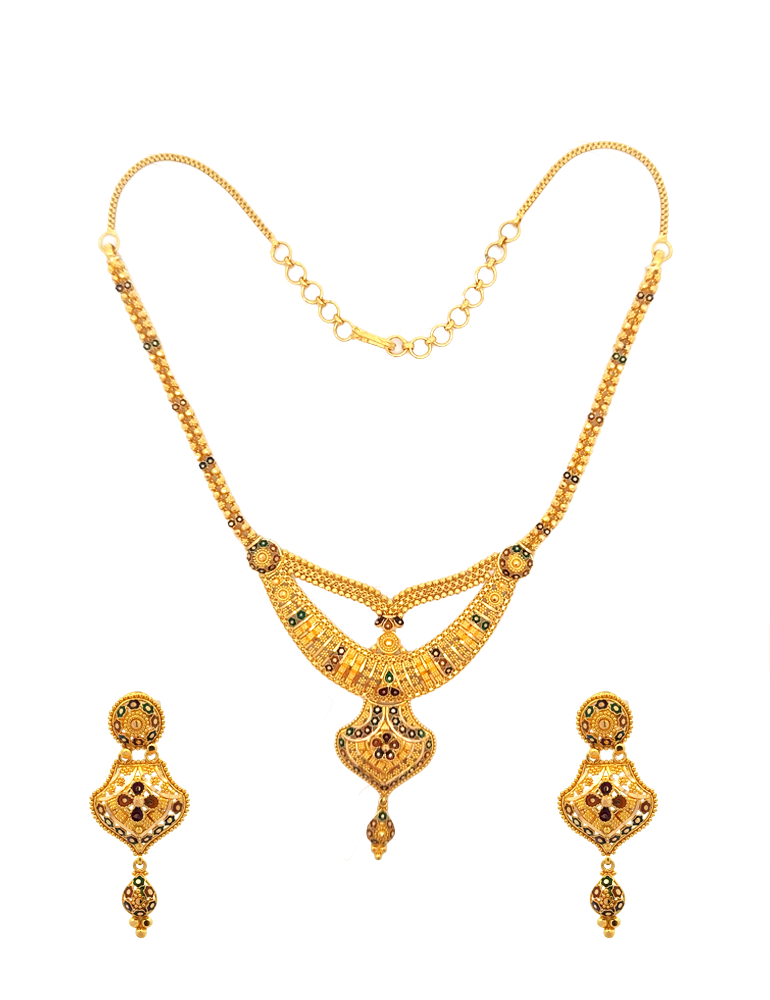 Gold Neckalce Set With Meenakari Work - 22 Karat