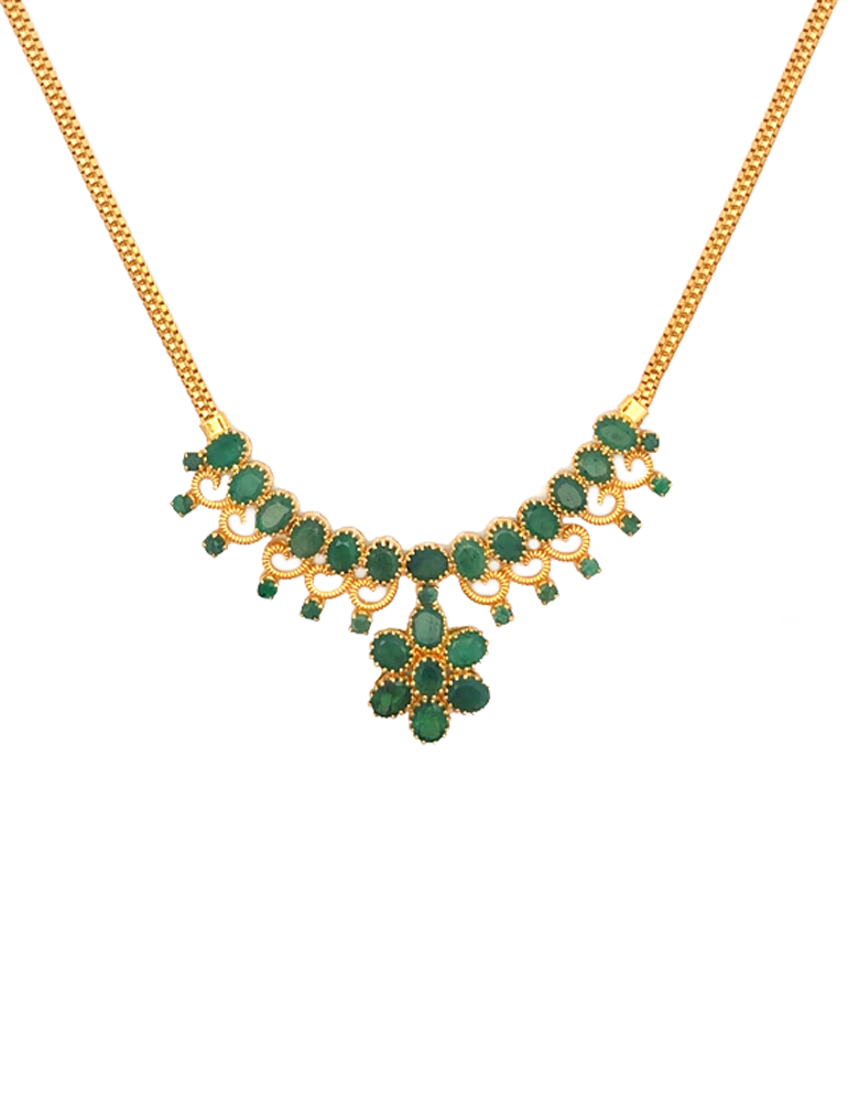Gold Emerald Neckalce Set with Earrings - 22 Karat