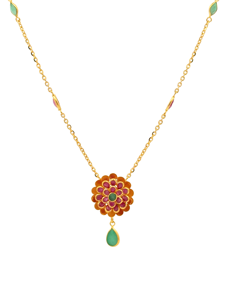 Crimson Blossom Gold Necklace Set with Earrings - 22 Karat