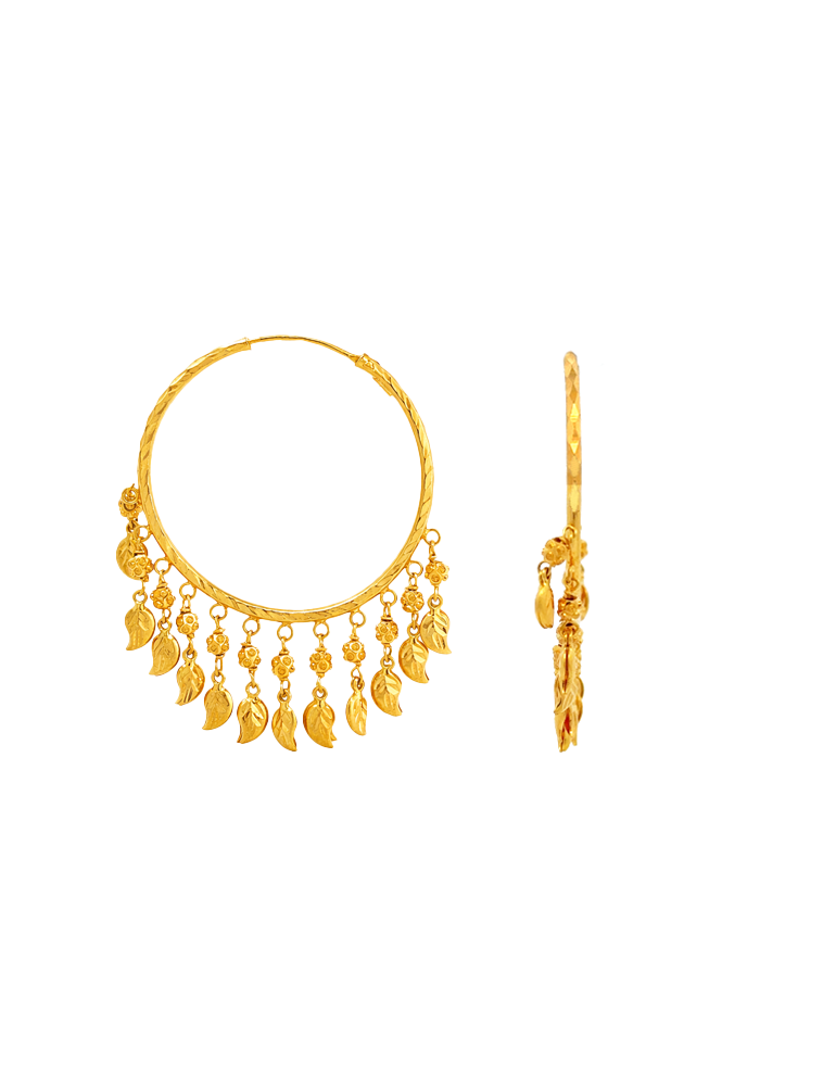 Pankhuri Leaf Charm Hoop Earrings - 22 Karat