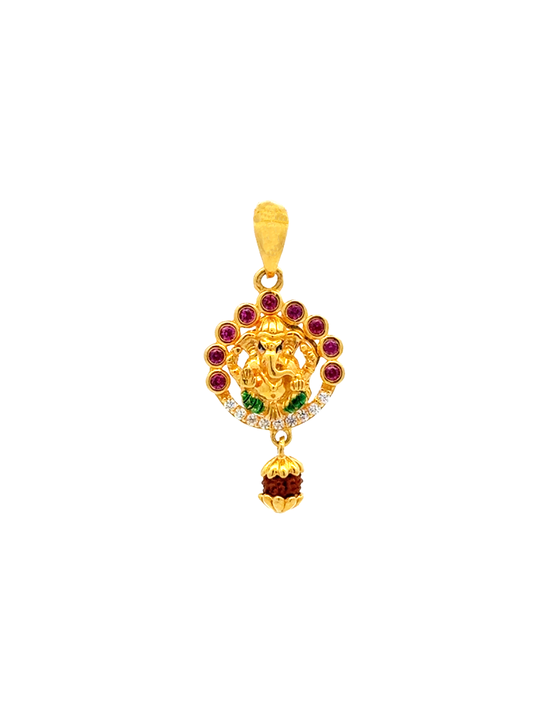 Gold Ganapathi Pendant with Rudraksha and CZ 22 karat