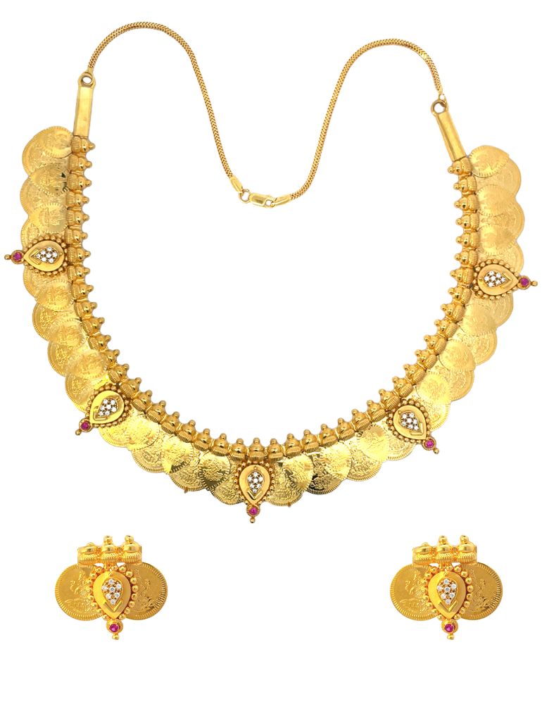 22 KT Yellow Gold Kasu Mala With Earrings