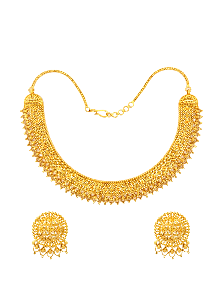Gold Geometric Pattern Choker Necklace with Earrings - 22 Karat