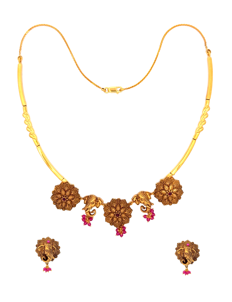 Gajapushpa Temple Gold Necklace Set with Earrings - 22 Karat