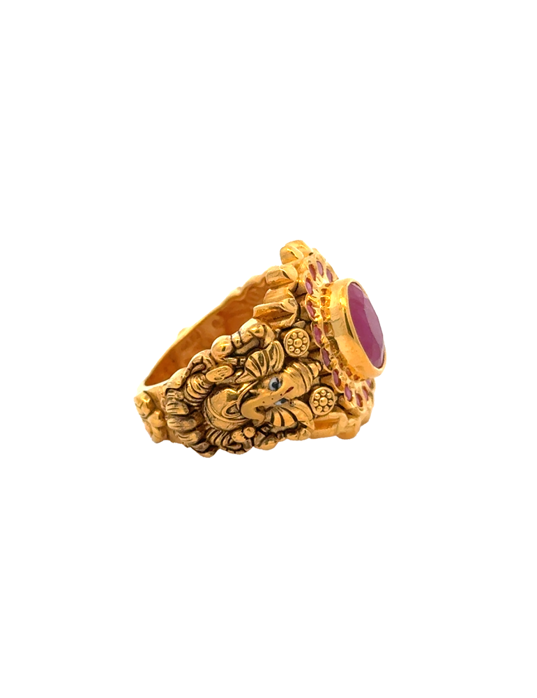 Royal Ganesha Ruby Heritage Gold Ring - 22 Karat