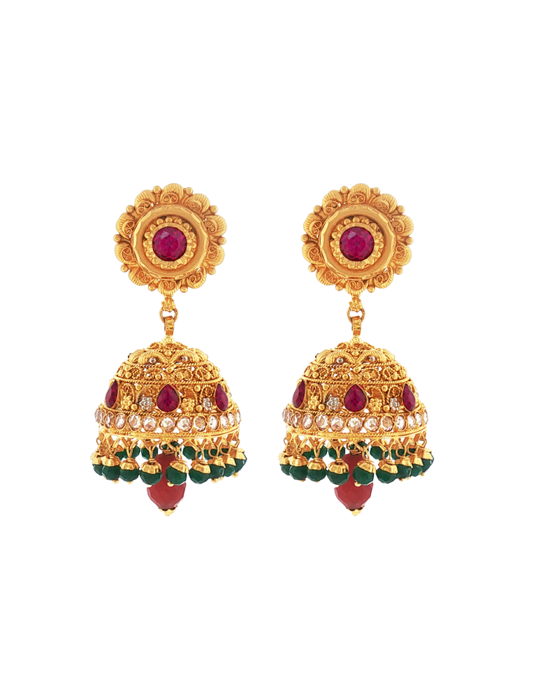 Amrapali Ruby Green Jhumkas - 22 Karat