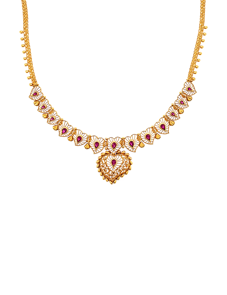 Hridaya Pink Stone Gold Necklace Set with Earrings - 22 Kt