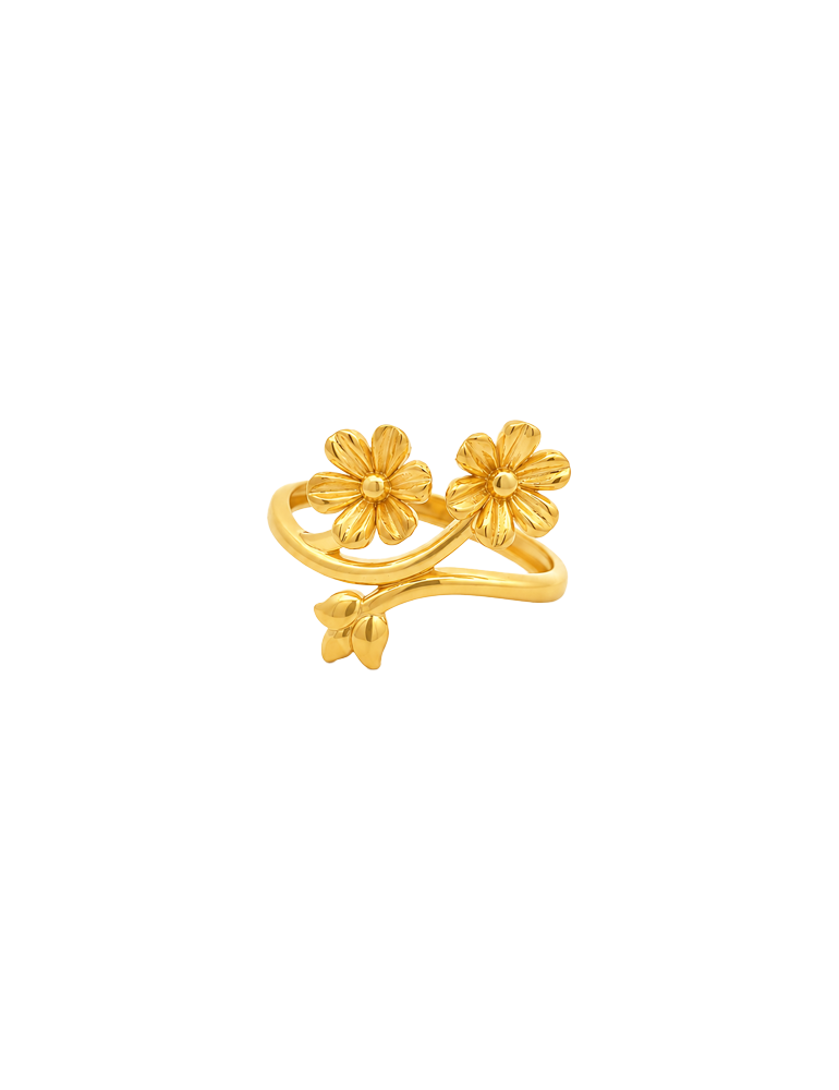 Twin Blossom Floral Gold Ring - 22 Karat
