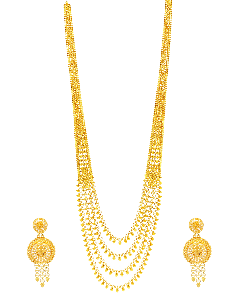 Kanakdhara Long Gold Necklace Set with Earrings 22 Karat
