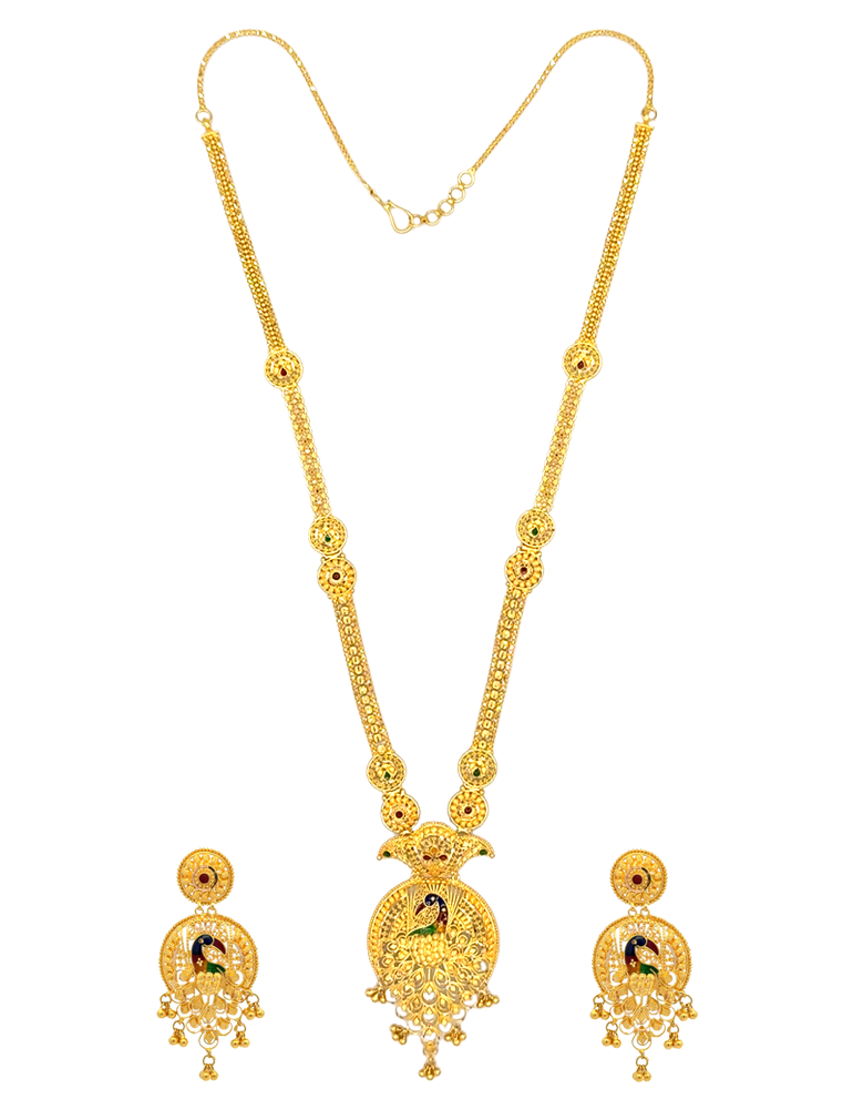 Mayura Plume Gold Necklace Set with Earrings 22 Karat