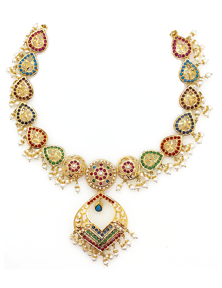22 Kt Navratna Gemstones Gold Necklace Set With Earrings