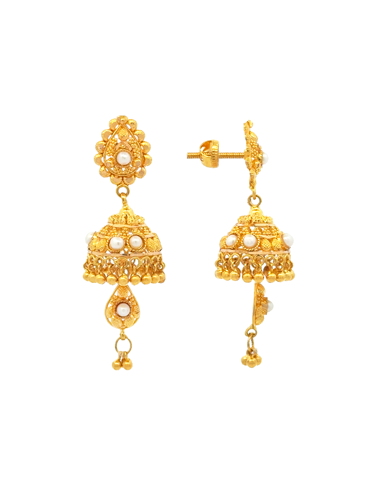 Mridu Pearl Crest Jhumka Gold Earrings 22 Karat