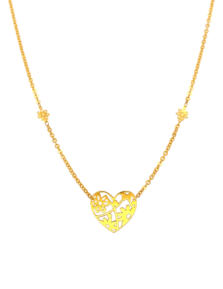 Delicate Floral Heart Accent Gold Chain - 22 Karat
