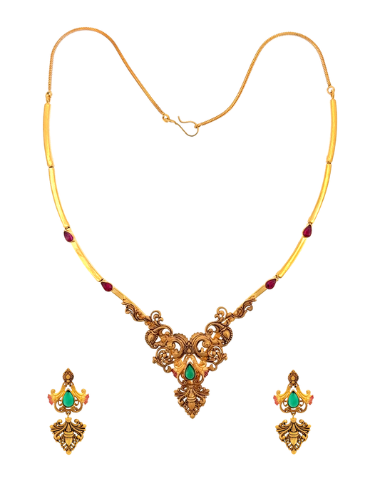 Meghamala Antique Necklace Set with Earrings - 22 Karat
