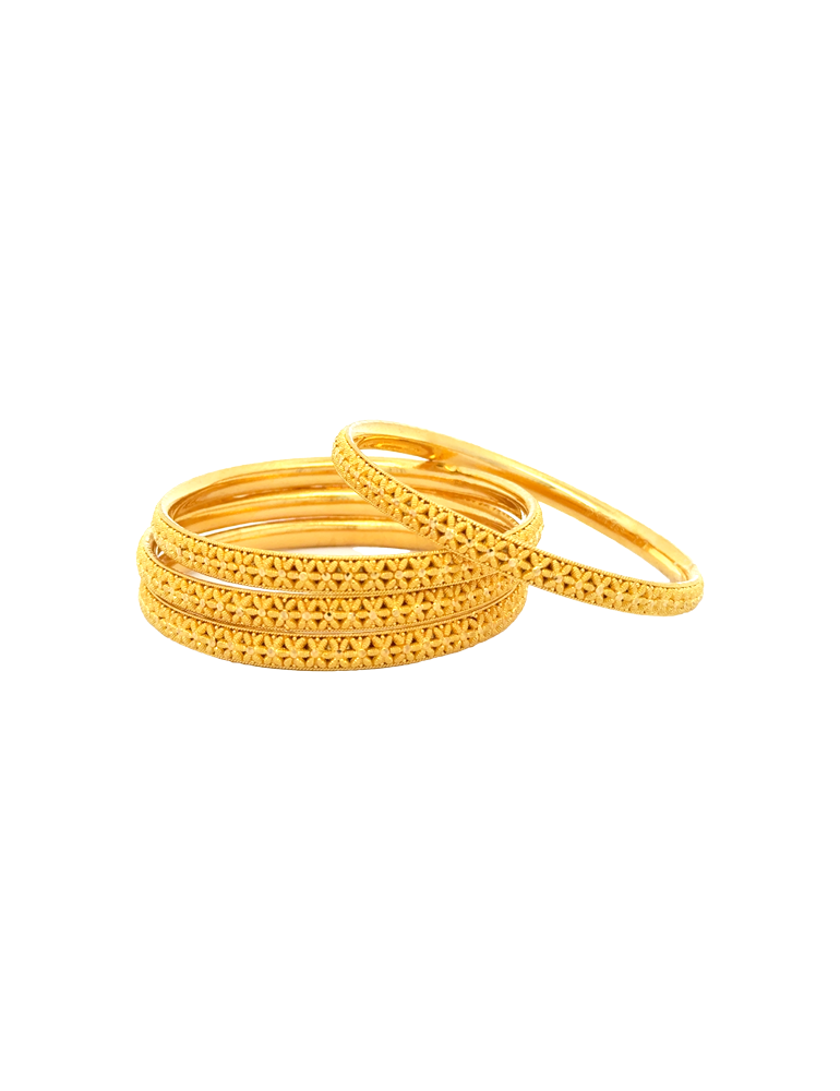 Floral Motif Gold Bangles 22 Karat - Set Of 4