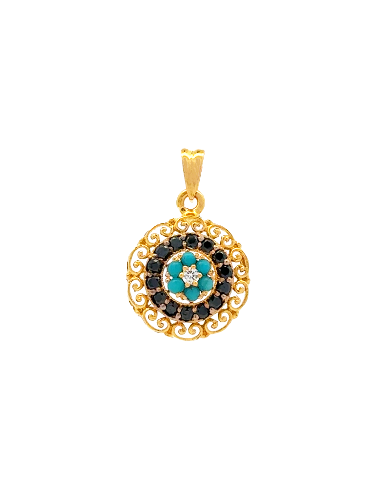 Turquoise Noir Halo Gold Pendant Set - 22 karat