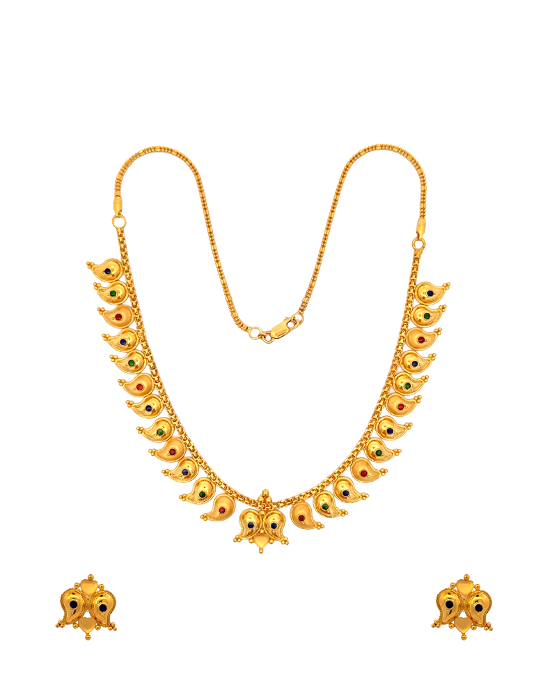 Gold Mango Necklace With Earrings - 22 Karat