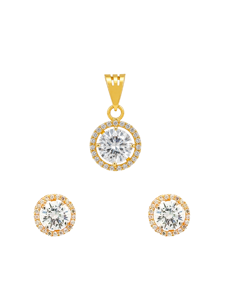 Solitaire Halo Gold Pendant Set - 22 Karat