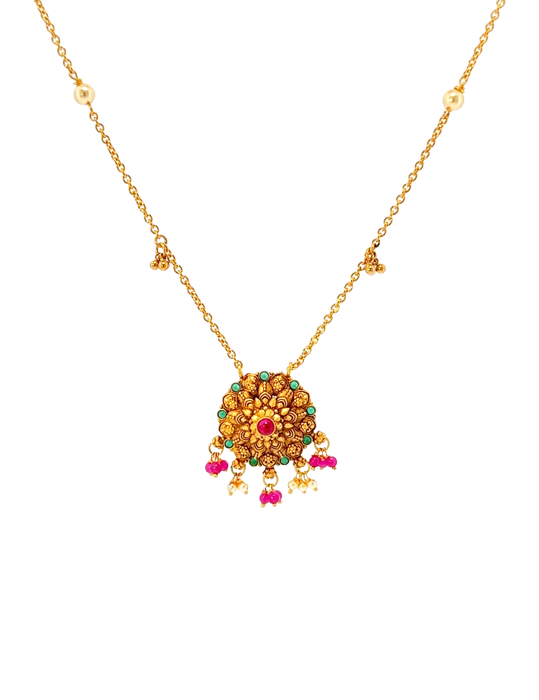 Padmaraga Floral Pendant Necklace 22 Kt