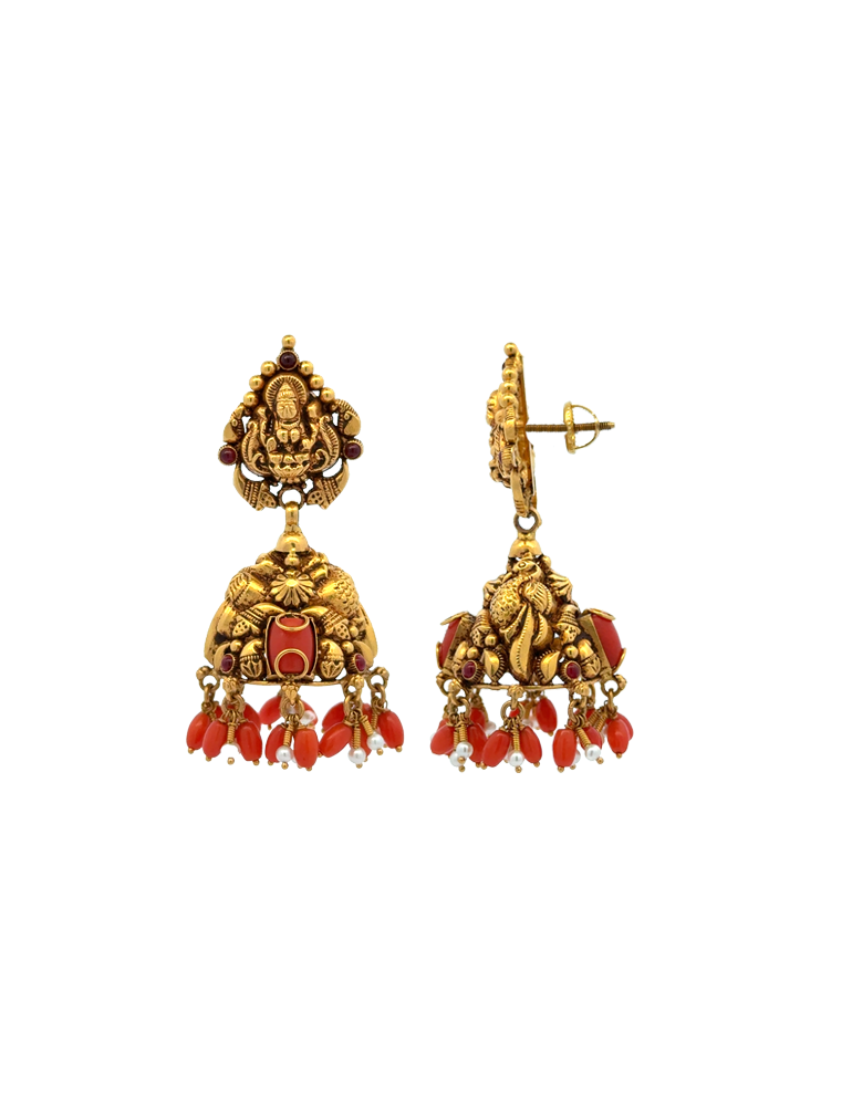 Temple-Inspired 22K Antique Jhumkas Featuring Lakshmi & Coral