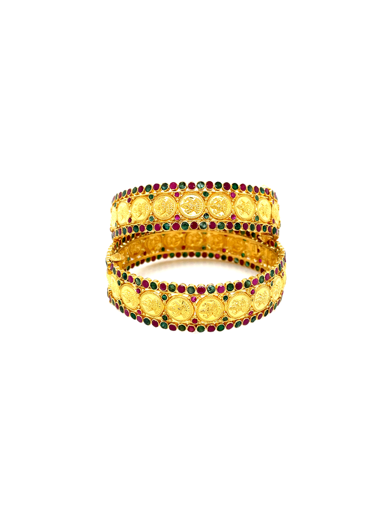 Emerald & Ruby studded Kasu Gold Bangle 22 Karat