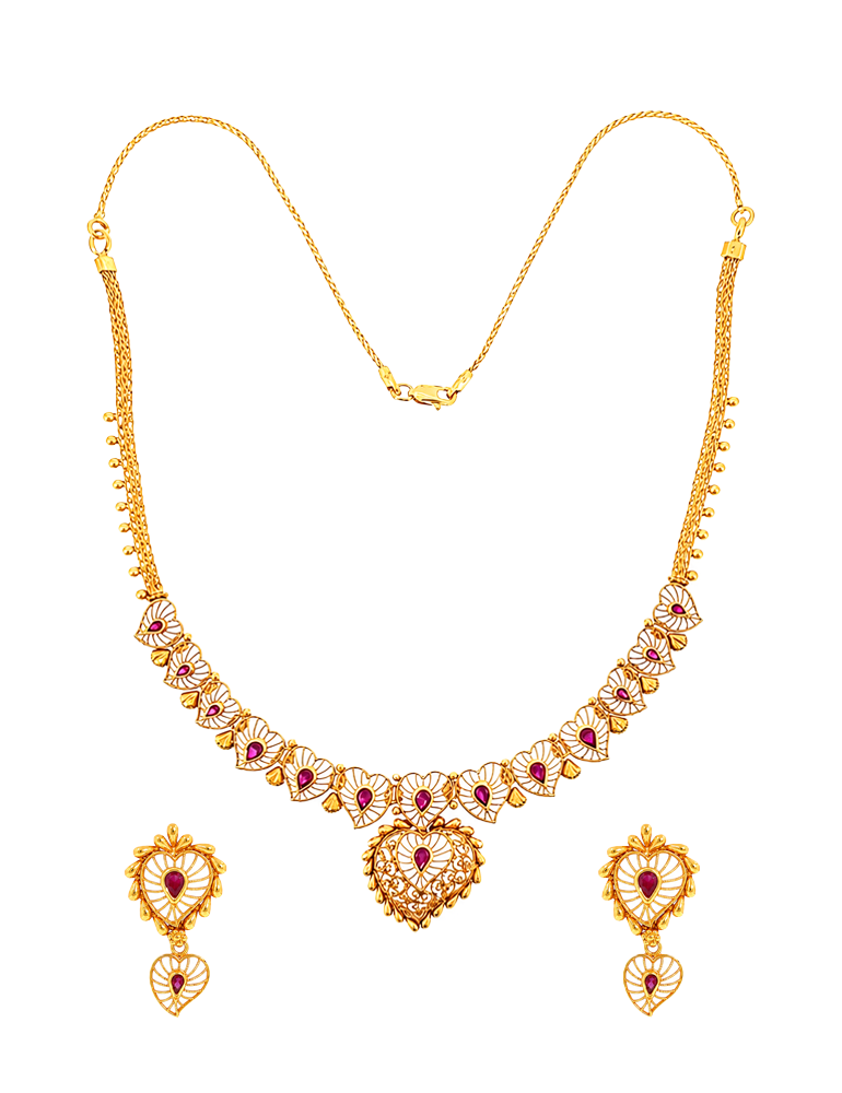 Hridaya Pink Stone Gold Necklace Set with Earrings - 22 Kt