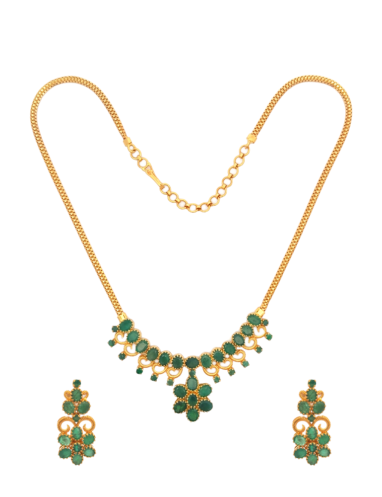 Gold Emerald Neckalce Set with Earrings - 22 Karat