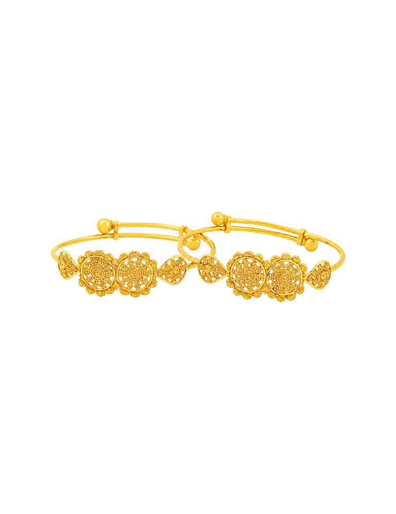 Floral Medallion Open Bangles - 22 Karat