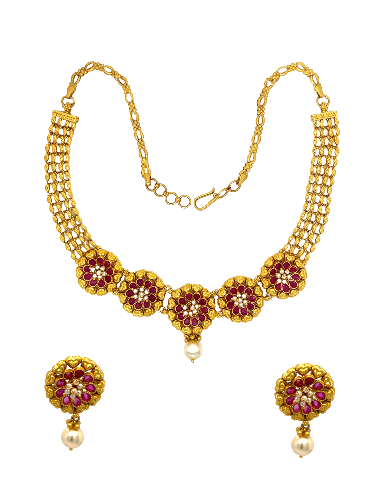 Gold Pearl Necklace Set with Earrings 22 Karat