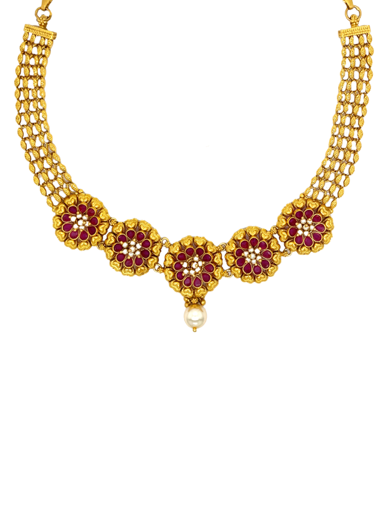 Gold Pearl Necklace Set with Earrings 22 Karat