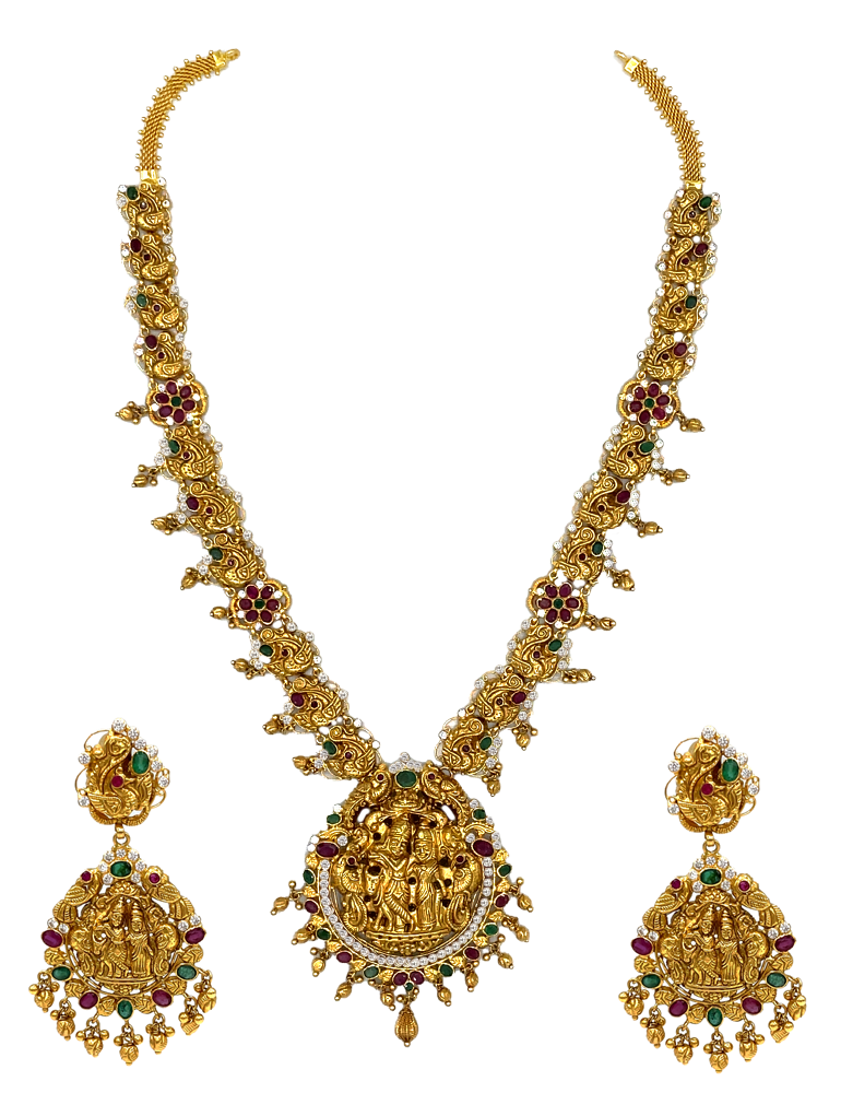 22 Kt Yellow Antique Gold Radha Krishna Set With Earrings