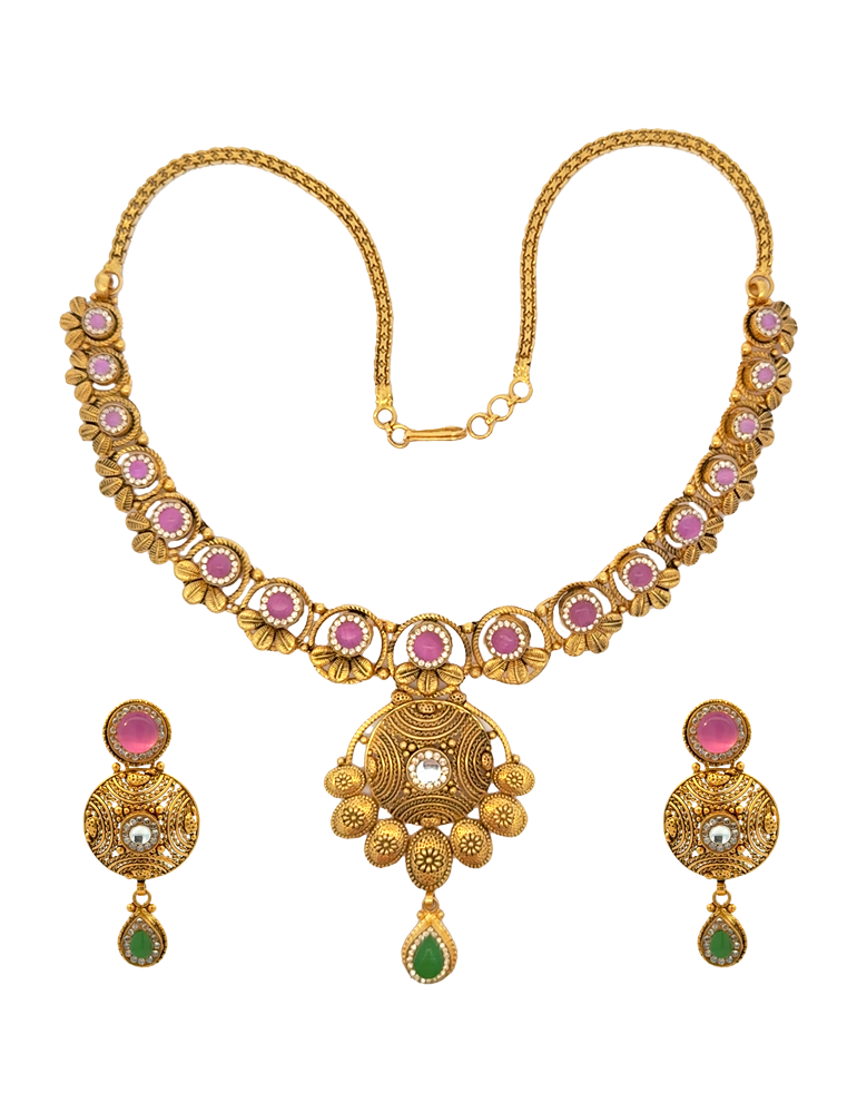 Regal Antique Gold Set in 22K with Authentic Kundan Stones