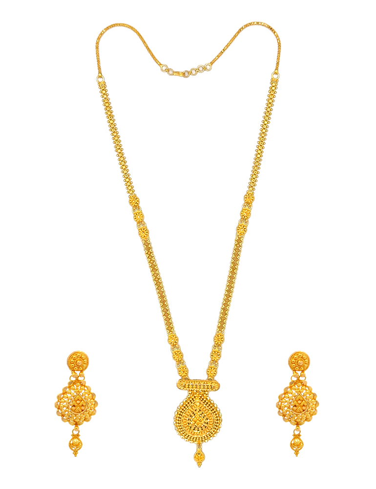 Regal Teardrop Gold Necklace Set With Earrings - 22 Karat