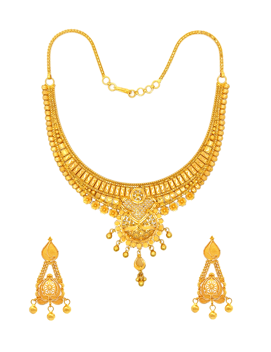 Royal Teardrop Cascade 22K Gold Necklace Set With Earring