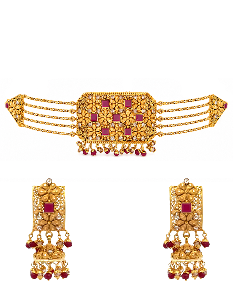 Scarlet Bloom Heritage Set With Earrings - 22 Karat