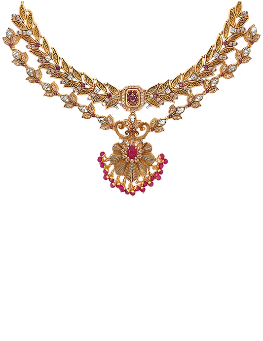 Ruby Blossom Majesty Necklace Set With Earrings - 22 Karat