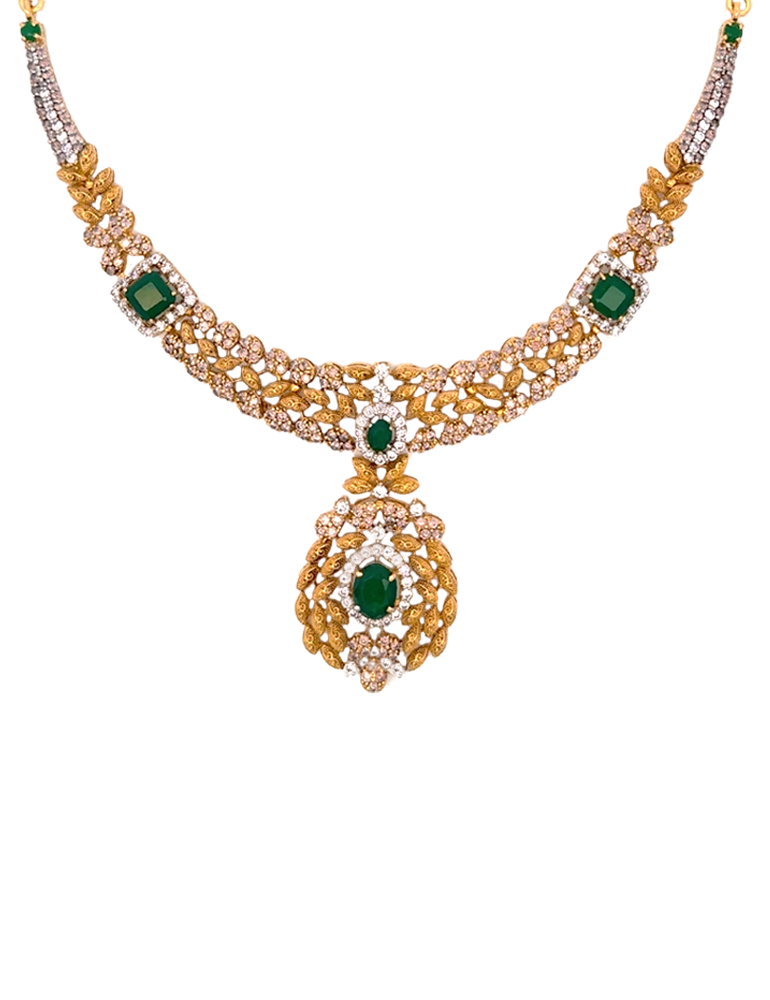 Gold Emerald Leaf Motif Statement Necklace With Earrings - 22 Karat