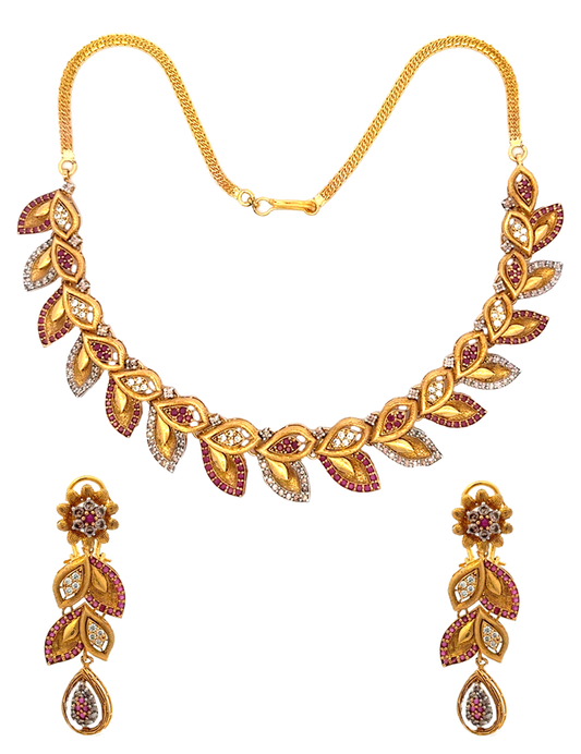 Crimson Leaf 22K Gold Necklace Set With Earrings